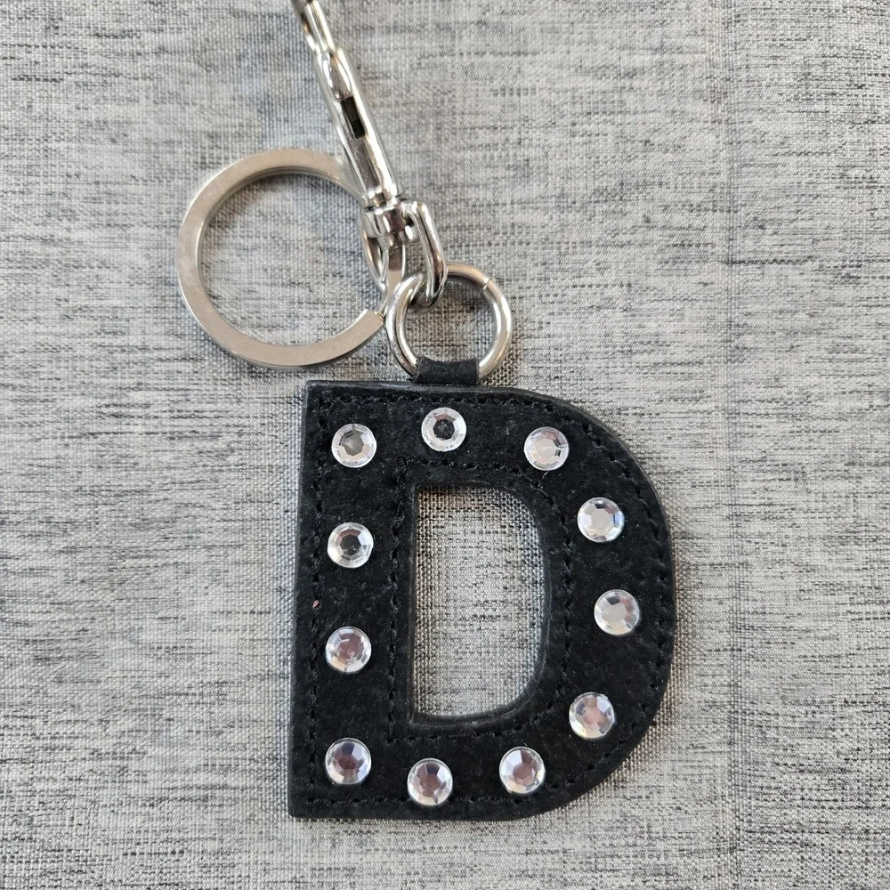 D Initial With Clear Rhinestone On Black Keychain Silver-tone Lobster Clasp